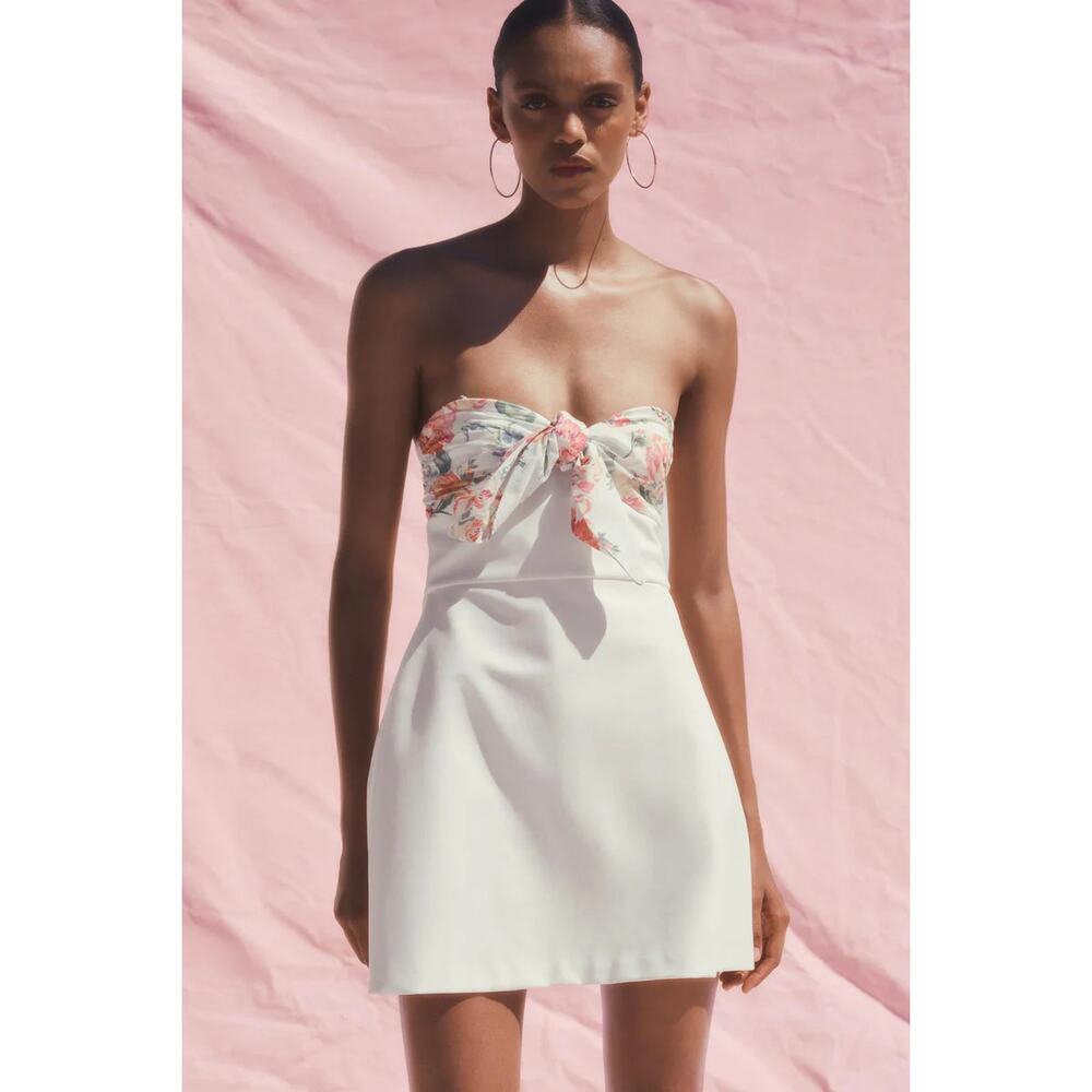 Zara Summer Printed Strapless Sweetheart Neck Mini Dress White Women's Large